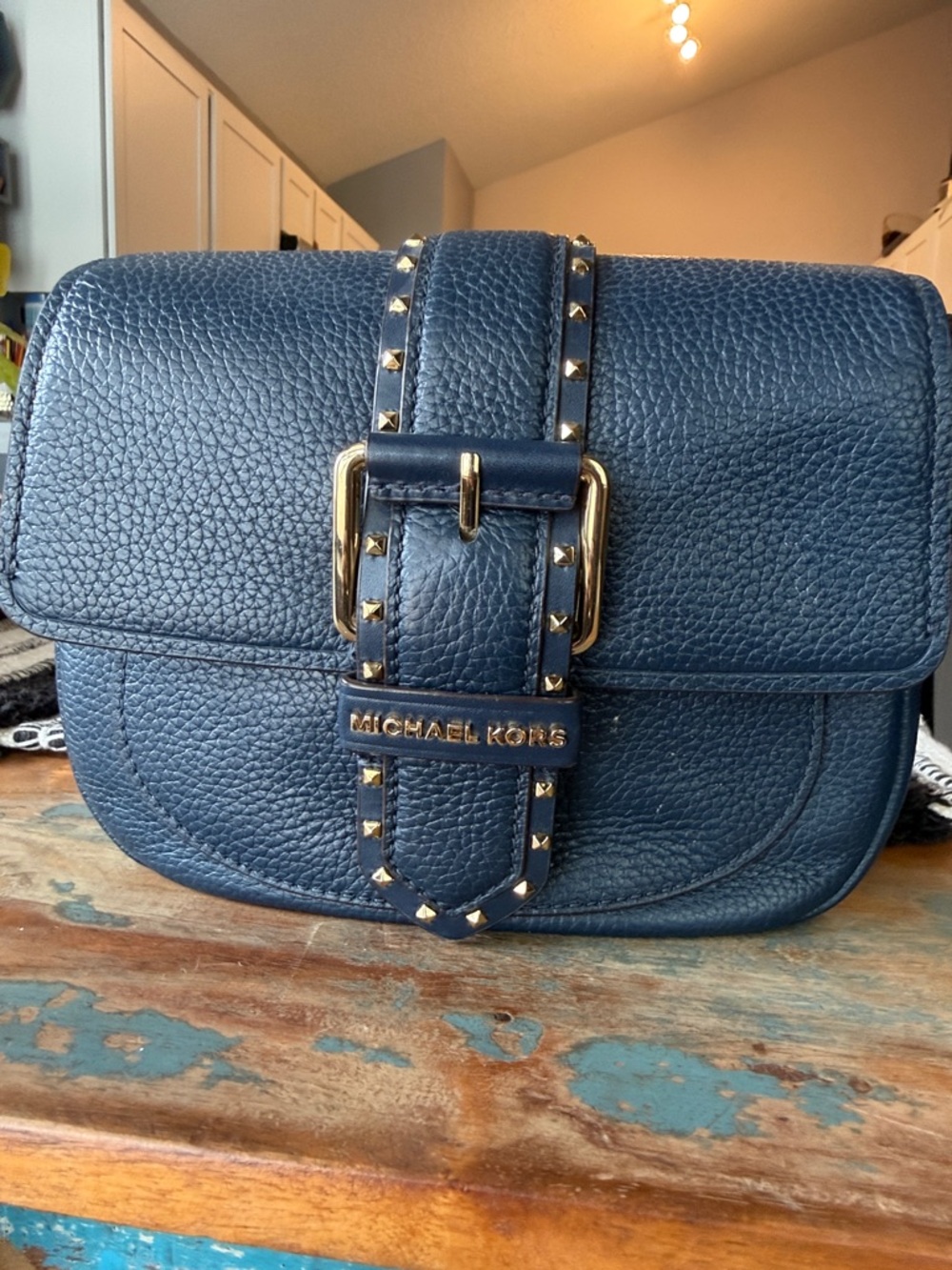 Michael Kors Navy Pebbled Leather Crossbody with Gold Studded Buckle